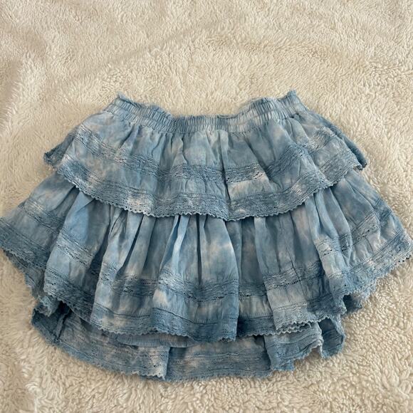 LoveShackFancy Dresses & Skirts - LOVE SHACK FANCY Sz XS Blue Cotton Tiered Ruffle Mini Skirt Lace Elastic Waist